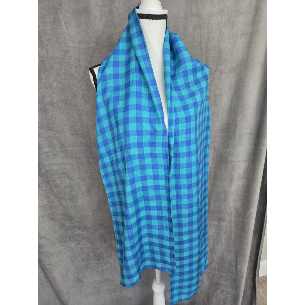 Vintage Gingham‎ Scarf Blue Teal 11x78 Adini Rayon India